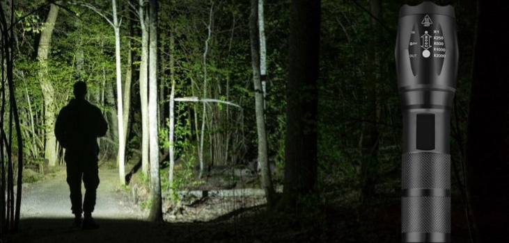 VitalTac Flashlight collage in use in dark forrest
